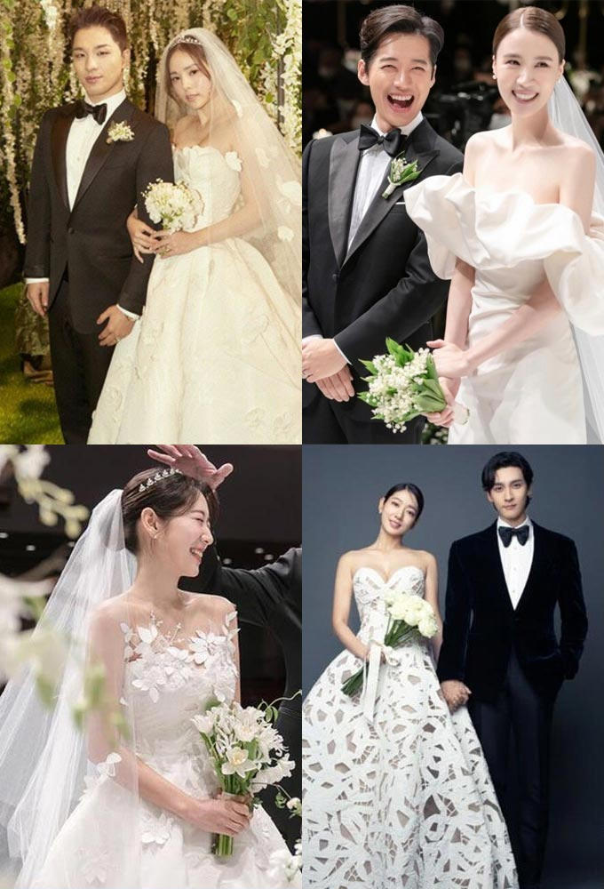 오스카 드 라 렌타 웨딩드레스를 입은 배우 민효린, 진아름, 박신혜의 웨딩 화보./사진=YG엔터테인먼트, 박신혜, 진아름 인스타그램, 스튜디오 산타클로스