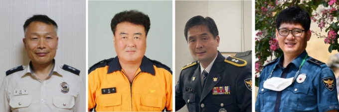 LG 의인상 수상자 4인(좌측부터) 음정삼 소방경(55), 김진규 소방위(56), 최석용 경감(57), 최재근 경위(50)/사진제공=LG복지재단