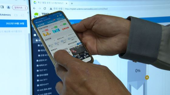 모바일을 통해 축사의 현황, 환경, 돼지 이상상황 등 정보를 확인하고 있는 모습/사진=ETRI