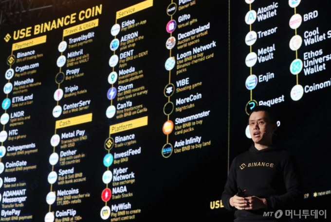 암호화폐 거래소 바이낸스의 창펑 자오 대표가 2019년 4월 4일 서울 장충체육관에서 열린 '제2회 분산경제포럼(디코노미)'에서 강연하고 있다. /사진=홍봉진 기자