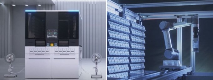 제이브이엠의 차세대 파우치 포장 자동 조제기 ‘MENITH’(왼쪽). 오른쪽 사진은 이 장비 내부에서 다관절 협동로봇을 활용해 캐니스터를 자동으로 교체하는 모습.