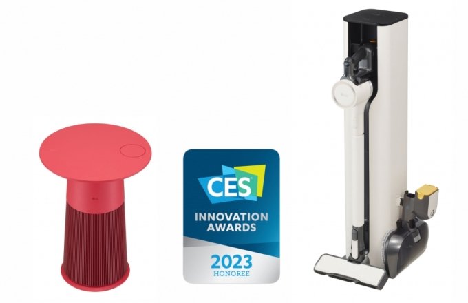 (왼쪽부터) 'CES 2020 혁신상'을 수상한 신개념 테이블형 공기청정기 'LG 퓨리케어 에어로퍼니처'와 프리미엄 무선청소기의 대명사 'LG 코드제로 A9S'./사진제공=LG전자 