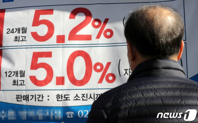 (서울=뉴스1) 박세연 기자 = 16일 은행연합회에 따르면 10월 신규 취급액 기준 코픽스는 전달인 9월(3.40%) 보다 0.58%P 오른 3.98%를 기록했다. 10월 은행권 변동형 주택담보대출 준거금리인 코픽스가 역대 최고치를 기록하면서 주요 시중은행 주담대 하단 금리가 연 6%를 넘어선 것으로 나타났다. 이달 말 예정된 금융통화위원회의에서 한국은행의 빅스텝(기준금리 0.50%p 인상)이 유력한 만큼 변동형 주담대 금리는 연내 8%에 달할 것으로 전망된다. 사진은 이날 서울시내 한 은행에 붙은 금리 안내문. 2022.11.16/뉴스1 Copyright (C) 뉴스1. All rights reserved. 무단 전재 및 재배포 금지.