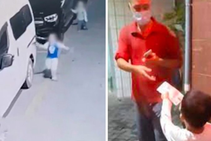 중국 광둥성 선전시에서 한 아버지가 이웃의 고급차를 긁은 3살 아들에게 한화 약 37만원을 쥐어주고 직접 사과를 하게 했다./사진=SCMP