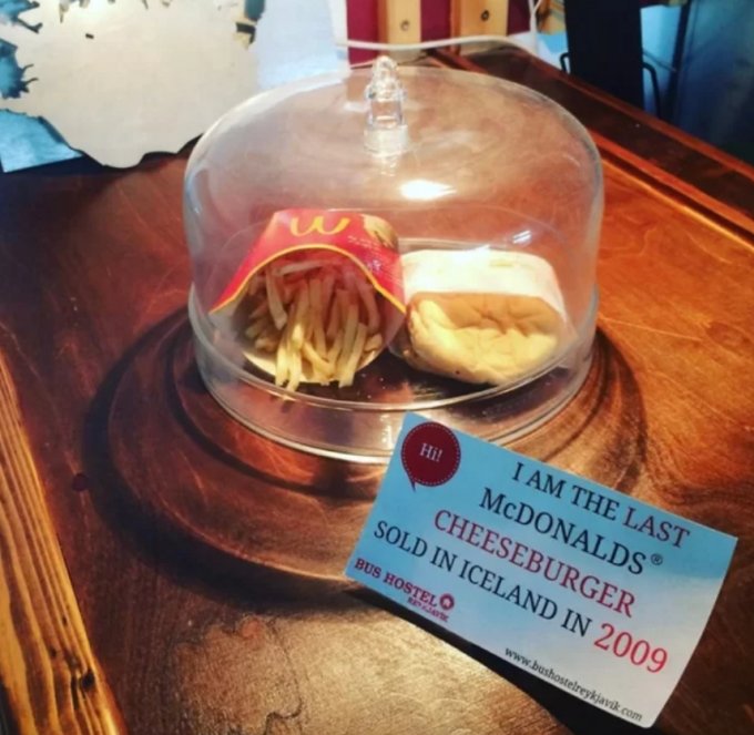 2019년 한 아이슬란드인이 2009년부터 보관한 맥도날드 버거와 감자튀김을 공개했다./사진=트위터