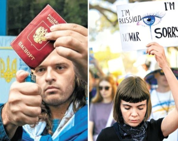 세계 각국에 있는 러시아인들이 전쟁에 반대하는 시위를 벌이고 있다. 사진 왼쪽은 호주에 머물고 있는 한 러시아인이 자신의 여권을 불태우는 모습, 오른쪽은 미국 캘리포니아주 산타모니카에서 열린 반전시위에 참가한 러시아인이 &quot;미안하다&quot;는 팻말을 들고 고개를 숙이고 있는 모습. /사진=트위터 캡처, AP=뉴시스