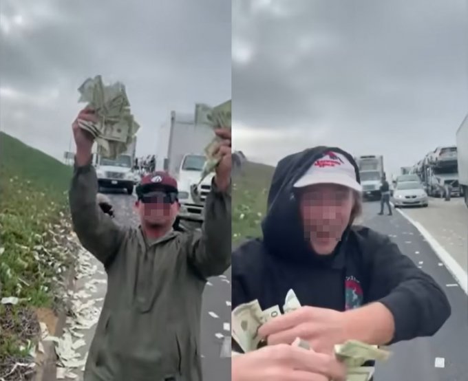 미국 오하이오주 워런카운티 71번 주간 고속도로에 떨어진 돈을 줍고 신난 운전자들 /사진=유튜브 채널 &#039;인사이드 에디션&#039; 영상 갈무리