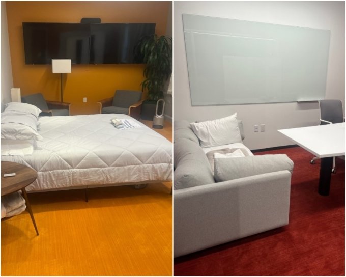 미국 샌프란시스코에 있는 트위터 본사 사무실에 직원들이 누워 잠을 잘 수 있는 침대와 긴 소파가 놓여져 있다. /사진=영국 BBC의 테크 담당 제임스 클레이턴 기자 트위터