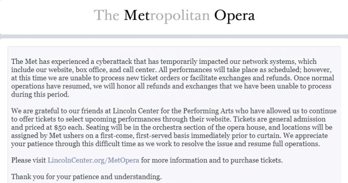메트로폴리탄 오페라가 임시 홈페이지에 올린 안내문 /사진=메트로폴리탄 오페라 홈페이지 캡쳐
