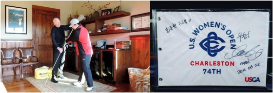 왼)골프 교습의 바이블인 <더 골핑 머신>의 저자 린블레이크에게 교육받는 최종환 코치. 우) 최 코치의 퍼팅 아카데미 한쪽 벽면을 가득 메운 프로들의 우승 흔적 중 이정은 6 프로의 메세지