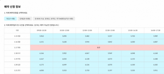 청와대관람사전예약시스템 화면. 9일 기준 다음 일요일인 15일부터 예약이 가능하다 대부분의 시간대에 예약이 가능할 정도로 사전 예약 이원이 많지 많다./