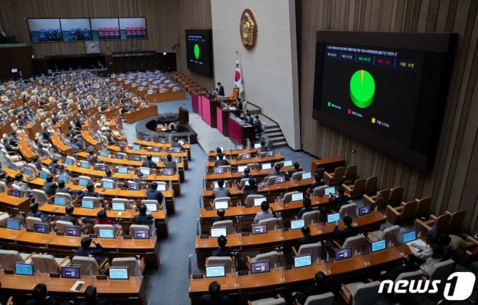 이달 6일 오후 서울 여의도 국회에서 열린 제401회 국회(임시회) 제5차 본회의에서 용산 이태원 참사 진상규명과 재발방지를 위한 국정조사특별위원회 활동기간 연장의 건이 재석 215인 중 찬성 205인, 반대 2인, 기권 8인으로 통과되고 있다.  / 사진제공=뉴스1