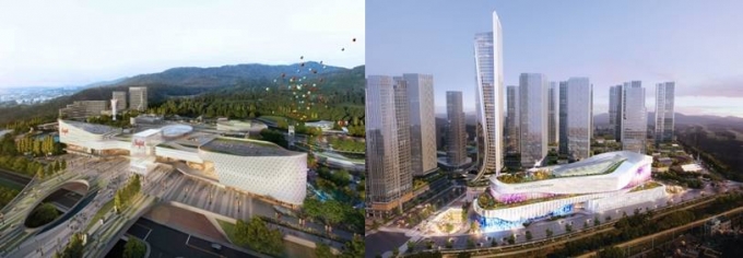 그랜드스타필드광주 투시도(왼쪽)와 더현대광주 조감도(오른쪽)/사진= 각 사 제공