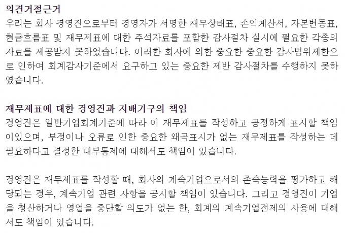 2022년5월 미 재무부의 제재대상에 오른 국내 법인의 공시상 감사의견 거절 사유. /사진=금융감독원 전자공시시스템(DART) 캡처