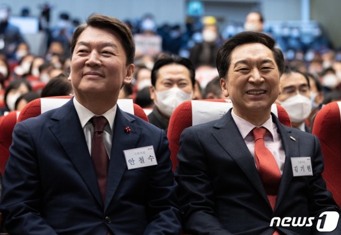 국민의힘 당권주자인 안철수, 김기현 의원이 15일 오후 서울 양천구 해누리타운에서 열린 양천갑 당원대회에 참석해 있다./사진=뉴스1