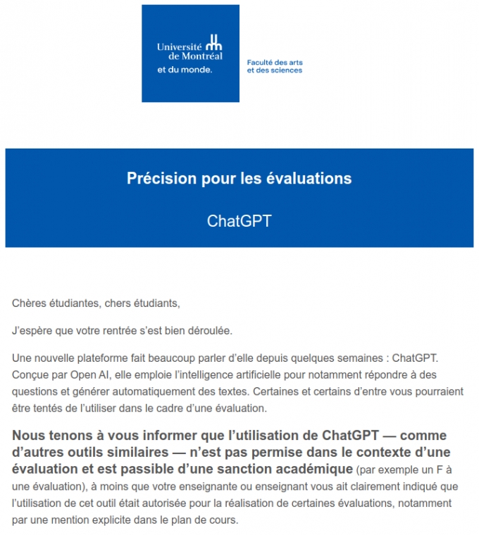 챗GPT 사용을 금지한 몬트리올 대학 공지. /사진=몬트리올 대학 홈페이지 갈무리