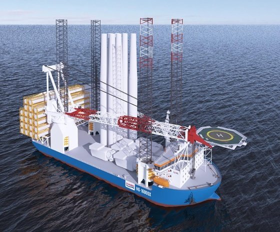대우조선해양이 건조중인 대형 해상풍력발전기 설치선 'NG-16000X' 디자인 조감도/사진=대우조선해양