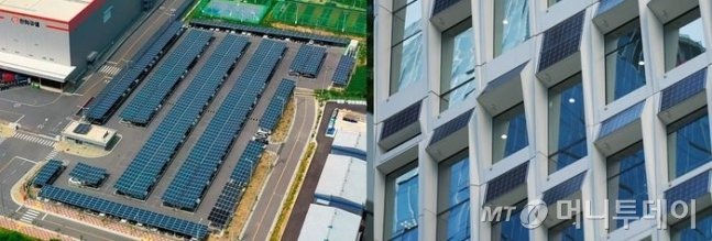 한화큐셀 진천공장 주차장(왼쪽)과 서울 장교동 한화빌딩(오른쪽)에 설치된 대표적 분산에너지 자원인 태양광 발전소 /사진제공=한화솔루션