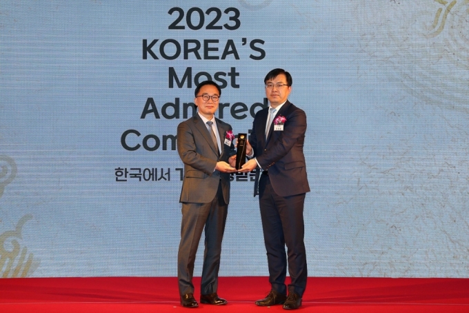 서울 여의도 콘래드 호텔에서 진행된 ‘2023 한국에서 가장 존경 받는 기업’ 인증식에서 은행부문 1위 수상 후 조정훈 신한은행 ESG본부장(오른쪽)과 한수희 한국능률협회컨설팅 대표가 기념 촬영하고 있는 모습./사진=신한은행