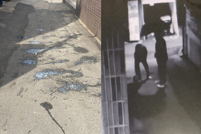 대구 북구 이슬람사원 건축 공사장 앞 골목에 뿌려진 하얀 액체(왼쪽), 지난 8일 대구 북구 이슬람사원 건축 공사장 앞 골목에서 신원미상 2명이 돼지 기름으로 추정되는 하얀 액체를 뿌리고 있는 모습.  /사진=무아즈 라자크 경북대 무슬림 커뮤니티 미디어 대표 페이스북