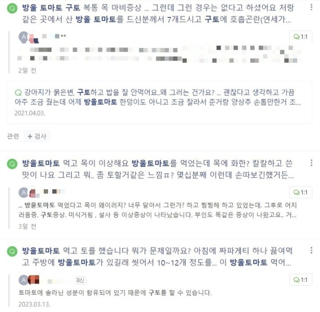 방울토마토 섭취 이후 이상반응 사례를 설명한 온라인 게시글. /사진제공=뉴시스