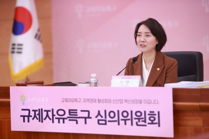 이영 중소벤처기업부 장관이 지난달(3월) 16일 서울 정부서울청사 별관에서 열린 제14차 규제자유특구 심의위원회에서 '글로벌 혁신특구'의 필요성에 대해 발언하고 있다 /사진=중소벤처기업부