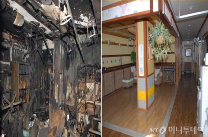 (왼) 방화문이 열려있을 때 화재 피해 모습. (오) 방화문이 닫혀있을 때 화재 피해 모습. / 사진=영등포소방서