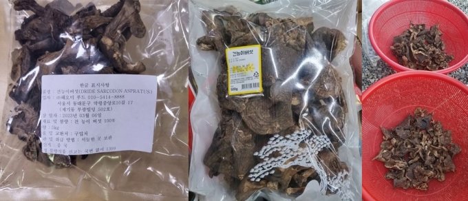 식품 사용이 금지된 버섯 유전자가 검출된 건능이버섯 제품. 사진 왼쪽부터 해오미푸드, 오정농산, 이레상사 판매 제품. /사진제공=식품안전나라