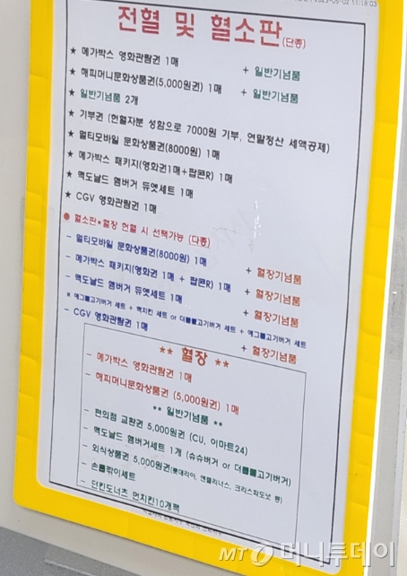 12일 헌혈의집 신촌센터에 붙은 헌혈 기념품 안내문/사진= 박미주 기자