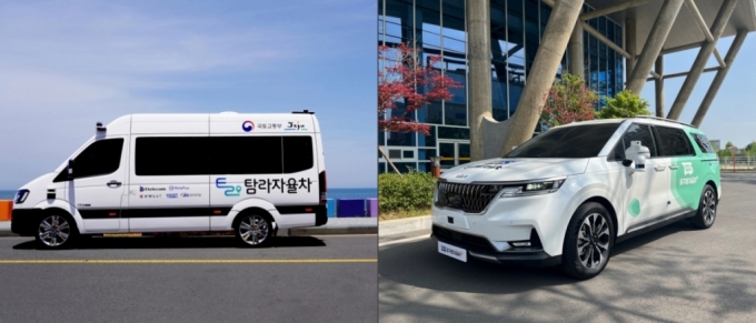 라이드플럭스가 운영하는 제주 탐라자율차(왼쪽)과 오토노머스에이투지가 운영하는 대구 달구벌자율차/사진=각사