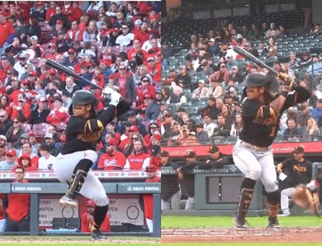 3월 31일(왼쪽)과 5월 31일 경기에서 배지환의 타격 모습. /사진=MLB.com 갈무리