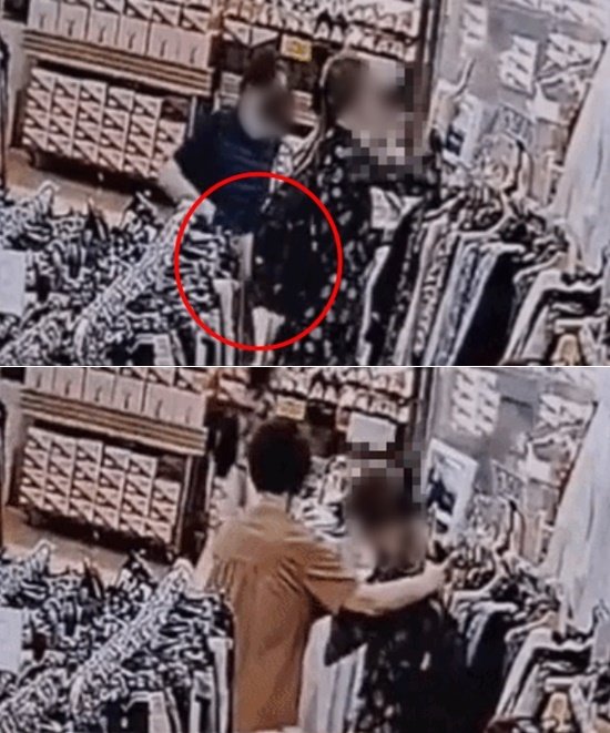 지난달 25일 부산 중구 남포역 지하상가의 한 옷가게에서 한국 중년 여성이 옷구경하는 외국인 여성에게 발길질하고 달아나는 모습. /사진=온라인 커뮤니티 갈무리