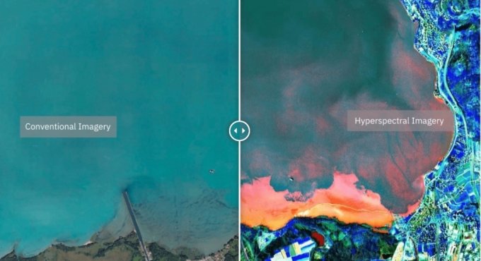유럽 제네바 호수를 촬영한 위성사진. 좌측이 일반 위성이 촬영한 사진이며, 우측이 초분광 위성으로 촬영한 사진이다./사진제공=픽셀