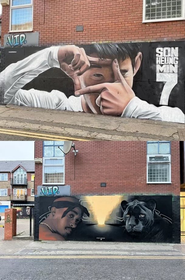 런던에 있던 손흥민 벽화가 사라지고 그 자리에 미국 유명 랩퍼였던 투팍의 그림이 그려져 있다. /사진제공=뉴스1(트위터 캡쳐)