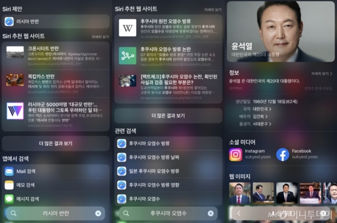 스포트라이트에서 검색어를 입력하면 관련 웹페이지가 시리 추천으로 뜨고 관련 검색어도 추천해준다. 윤석열 대통령처럼 유명인 검색시 SNS와 웹이미지를 포함한 인물정보도 제공한다. /사진=아이폰 캡처 