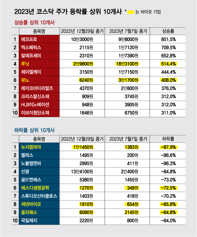 올해 급등·급락 모두 바이오… '잠재력→세계화·상업화'로 이동