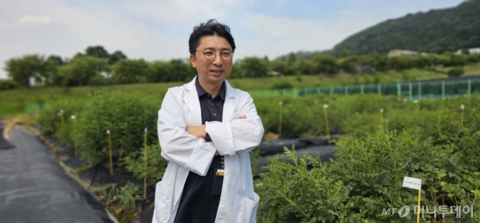 국내 감초 신품종 '원단'을 개발한 이정훈 박사가 감초 품종개발을 위한 계통육성 시험포장에서 재배상황을 설명하던 중 사진 포즈를 취하고 있다. /사진=정혁수