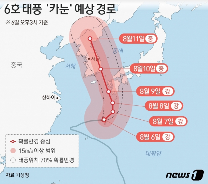 (서울=뉴스1) 윤주희 디자이너 = 기상청은 6일 제6호 태풍 '카눈'이 10일께 부산·경상 해안을 통해 국내에 상륙할 전망이다고 예보했다.  Copyright (C) 뉴스1. All rights reserved. 무단 전재 및 재배포 금지.