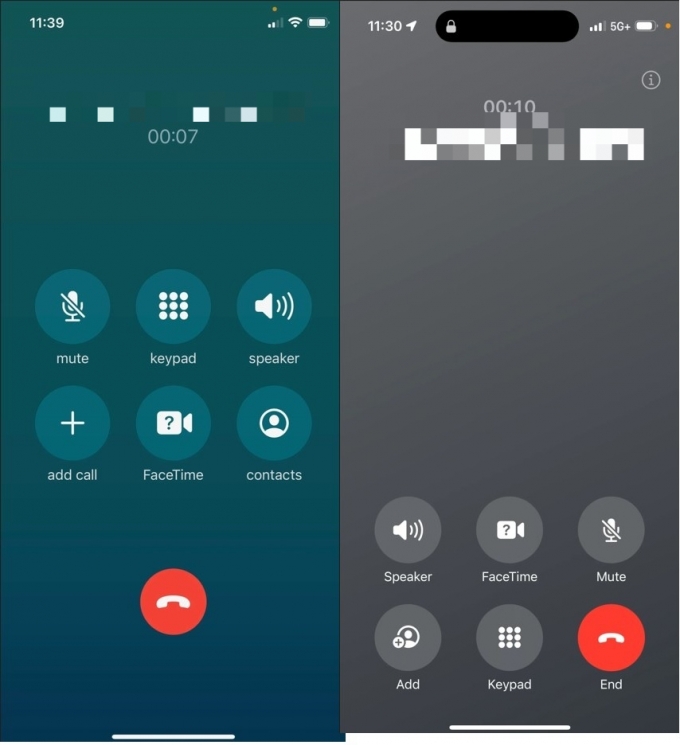 종료버튼이 하단 중앙에 위치한 현재 아이폰 통화통화 화면(왼쪽)과 종료버튼이 오른쪽 하단 모서리로 이동한 iOS 17 베타버전. /사진=cnbc