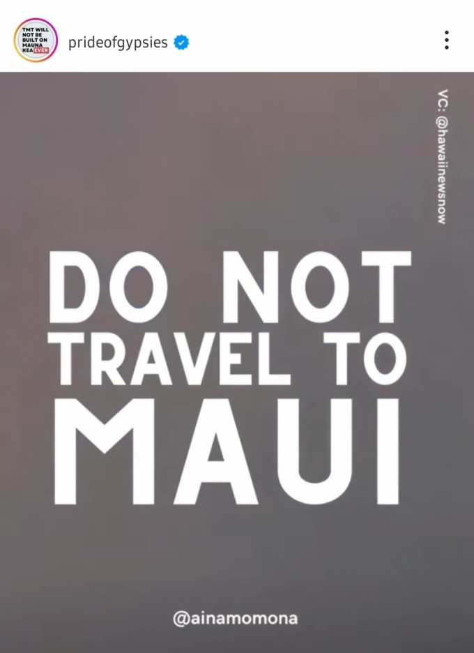 제이슨 모모아가 인스타그램에 마우이 여행 자제를 촉구하는 글과 함께 올린 이미지. '마우이로 여행 가지 마세요'라고 적혀 있다./사진=인스타그램 캡처