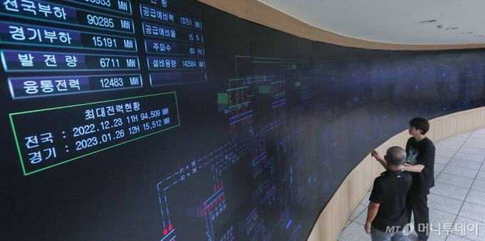 9일 경기도 수원시 영통구 한국전력공사 경기지역본부 전력관리처 계통운영센터에서 관계자들이 전력수급상황을 주시하고 있다.  전력거래소 전력정보중 9일 시간별 태양광 추계통계에 따르면 지난 7일 오후 2∼3시 한 시간 평균 전력 총수요 추계는 100.571GW로 나타났으며, 한 시간 평균 전력총수요가 100GW를 넘어선 것은 전력수급 역사상 이번이 처음으로 알려졌다. 
