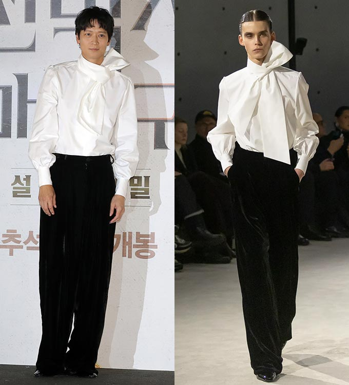 배우 강동원./사진=뉴시스, 생로랑(Saint Laurent) 2023 가을 남성복 컬렉션