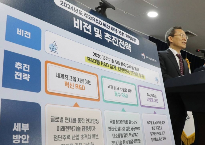 이종호 과학기술정보통신부 장관이 22일 서울 종로구 정부서울청사에서 '정부 R&D 제도 혁신 방안'과 '2024년 국가연구개발사업 예산 배분·조정 결과' 브리핑을 하고 있다. / 사진=뉴시스