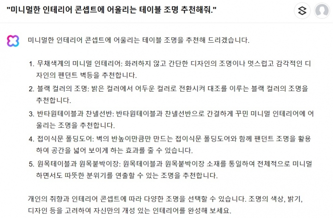 네이버 '클로바X' 답변창. 테이블에 올리는 조명이 아니라 테이블과 조명을 각각 추천하는 등 다소 모호하고 부정확한 답변을 내놨다. /사진=네이버 캡처