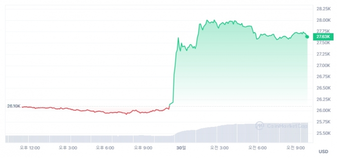 비트코인 29~30일 가격 추이. /사진=코인마켓캡.