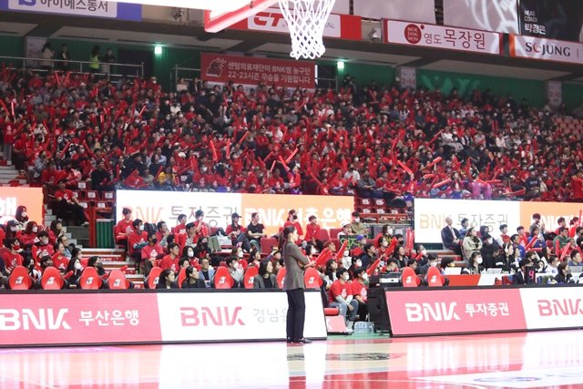 BNK 썸을 응원하는 부산 팬들. /사진=WKBL 제공