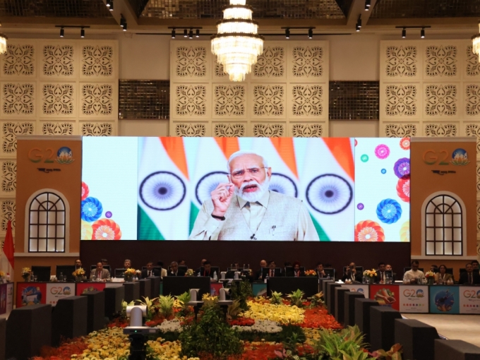 모디 인도 총리가 G20  정상회의 에너지 장관 회의에서 발표하고 있다./사진=G20 정상회의 홈페이지