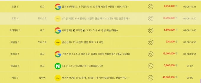 게임 계정 거래 사이트에서 고가에 거래되는 오딘 계정들. /사진=바로템 캡처