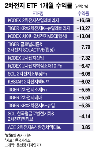 2차전지 ETF 1개월 수익률/그래픽=윤선정 디자인기자