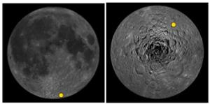 달 앞면(왼쪽)과 달 남극(오른쪽) 사진. 노란점은 인도의 달 착륙선 찬드라얀 3호가 착륙한 지점. / 사진=과학기술정보통신부